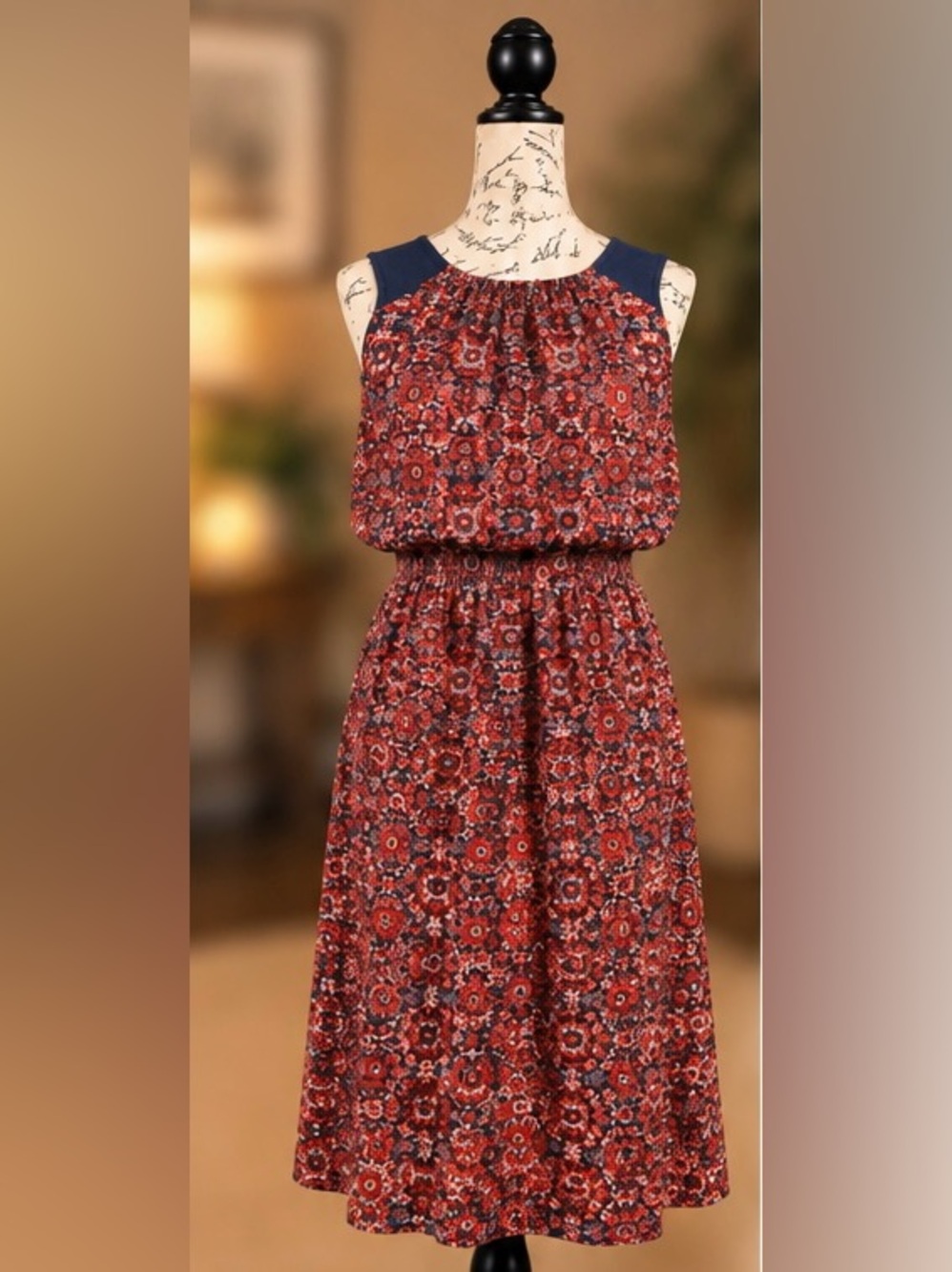 Athleta Martinique Printed Midi Dress Boho Tassel Tie Red Navy Size Small